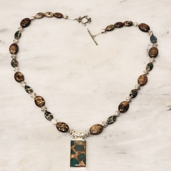 Bronzite Green Onyx Sterling Pendant Necklace 21" - Picture 2 of 7